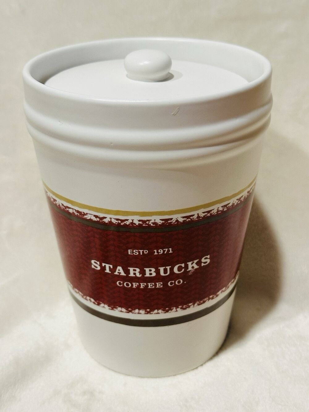 2009 Starbucks Coffee Lidded Ceramic Coffee Canister Cookie Jar Sweater Logo 7”